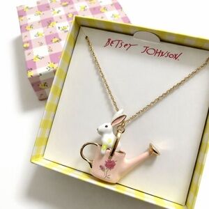 Betsey Johnson Bunny Watering Can Long Pendant Necklace 32” Enamel Gold Tone Box